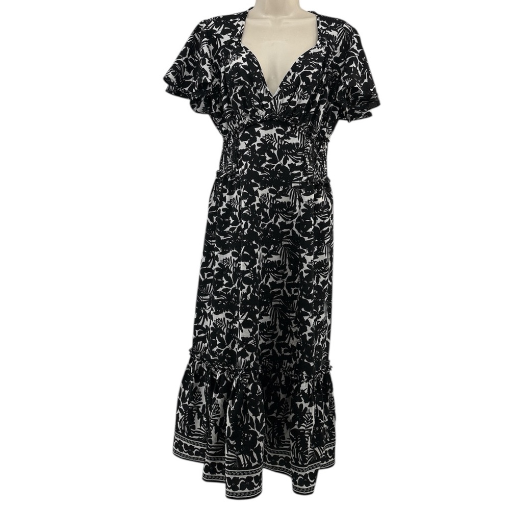 Max Studio Women's Black/White Smocked Waist Floral Dress Size L